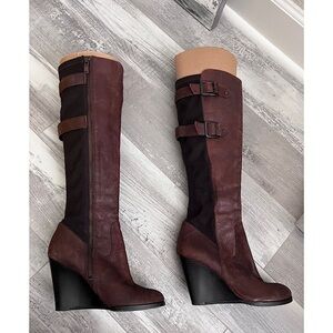 Vince Camuto Distressed Adara Leather Knee High Wedge Boots Size 5.5 Brown